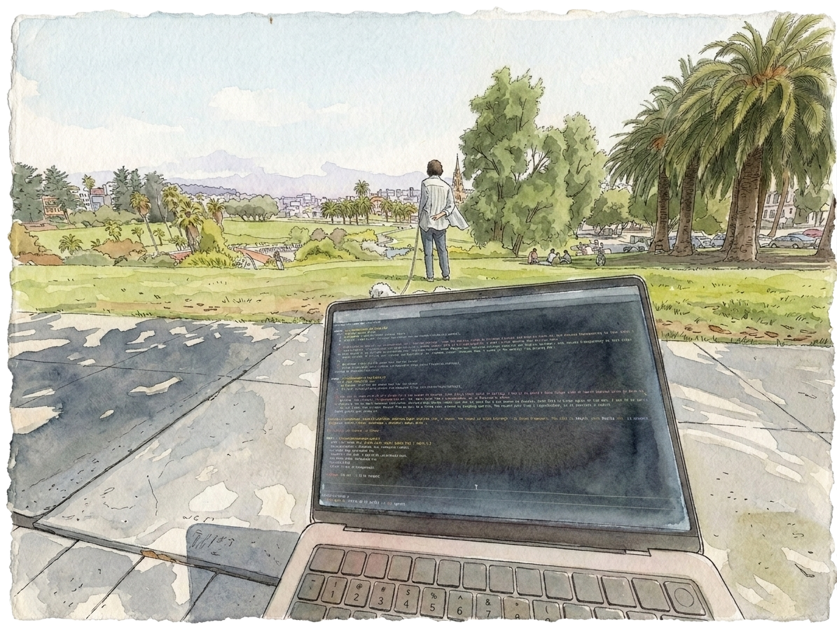 Working on a MacBook at Dolores Park, palm trees and the Mission Dolores spire beyond