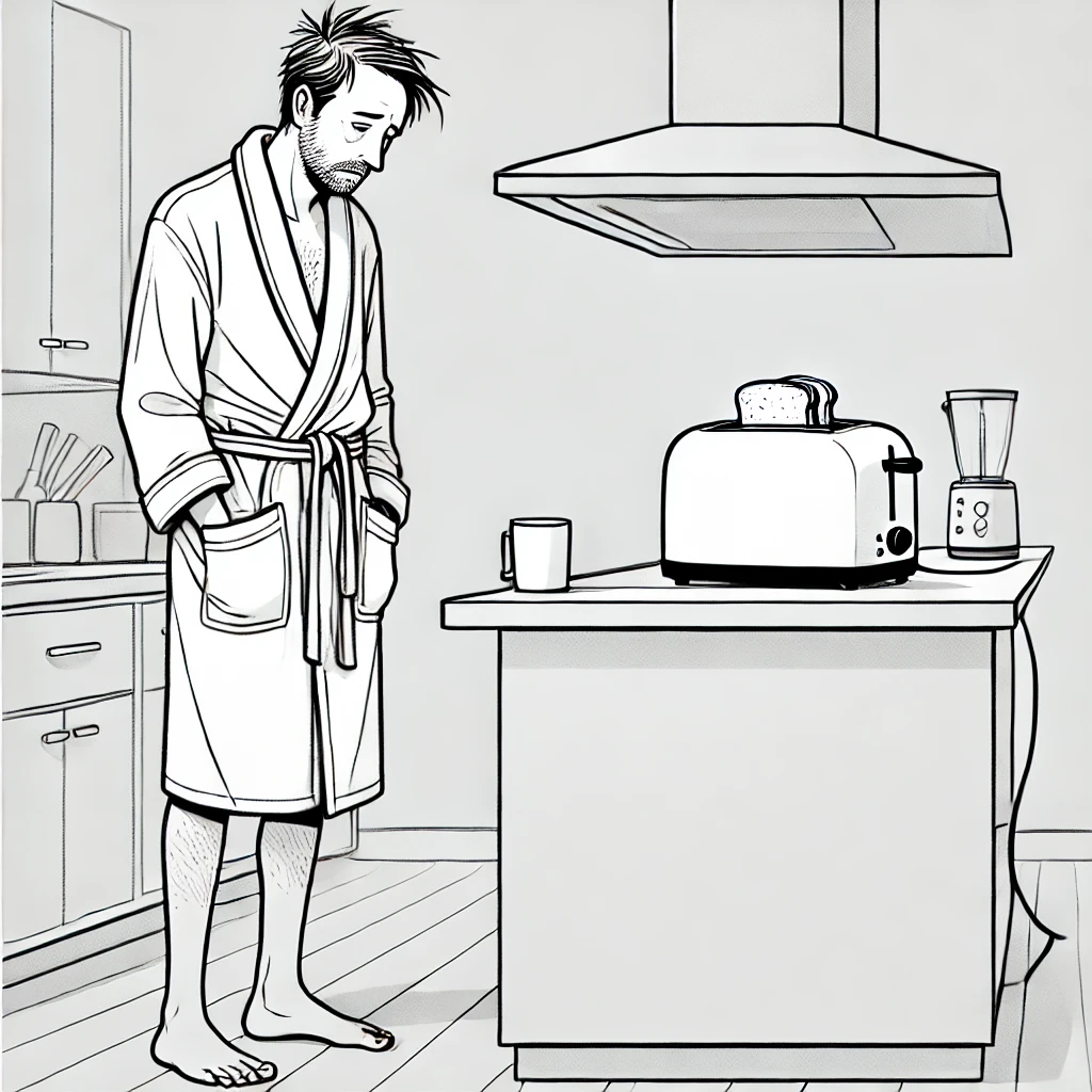 A man looking forelornly at his uncooperative toaster